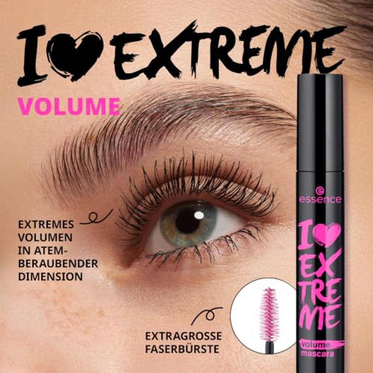 Essence I LOVE EXTREME volume mascara, nr. 01, zwart, volumegevend, zwaaigevend, verlengend, veganistisch, zonder microplasticdeeltjes, nanodeeltjes, zonder parfum, per stuk verpakt (12 ml) | Extra-große Faserbürste für sichtbar vollere – Essence Cosmetics
