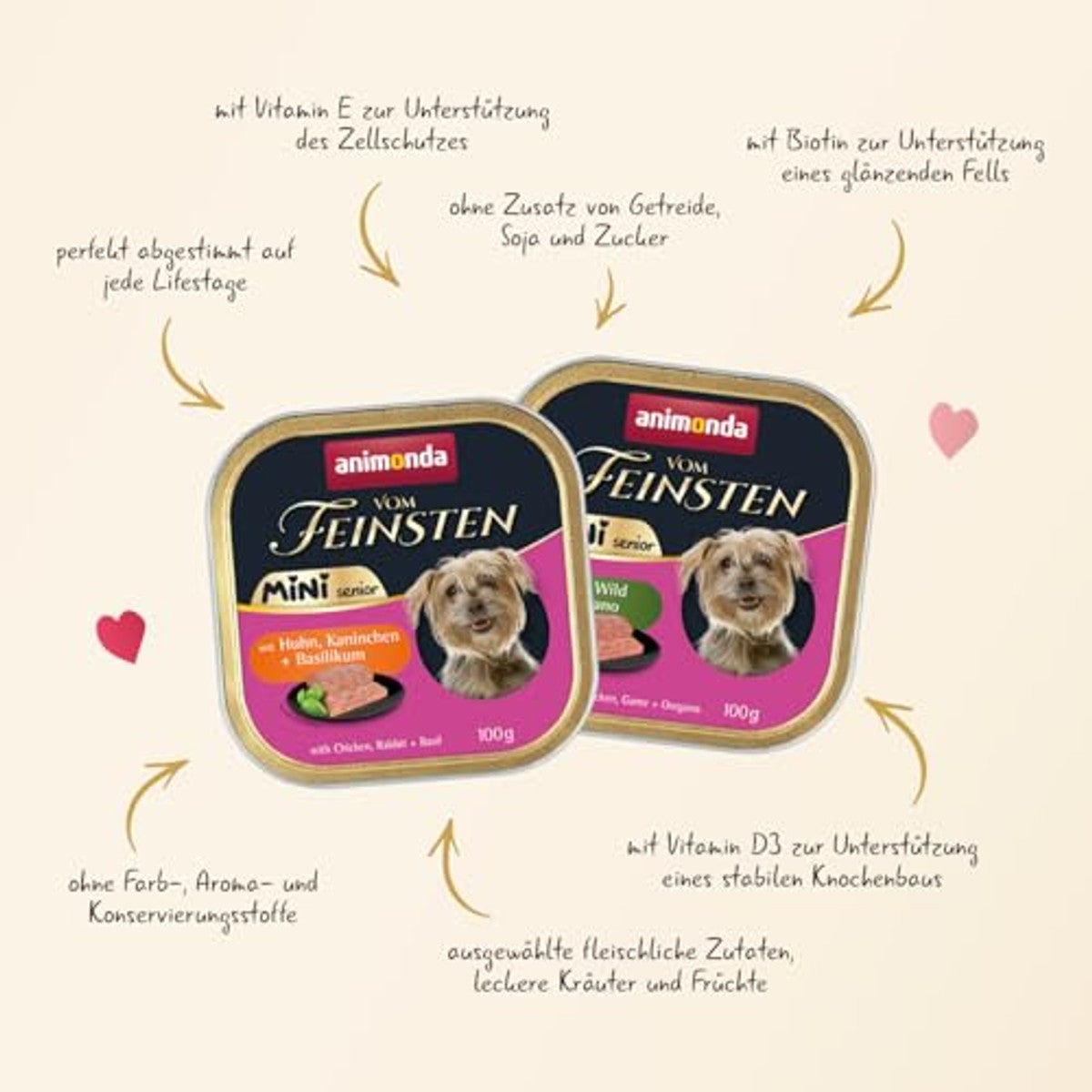 animonda Vom Feinsten Mini Senior hondenvoer met kip en wild (32 x 100 g) | Graanvrij Senior natvoer zonder suiker en soja voor kleine hondenrassen, fijne pasta's, portieschalen à 100 g – animonda Vom Feinsten