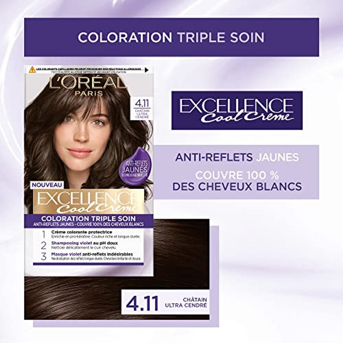 L'ORÉAL PARIS - Permanente haarkleur, drievoudige verzorging, niet-verblindend, geel, dekt 100% wit haar af – Excellence Cool Cream – Nuance: Ultra asbruin (4.11) - 6-pack
