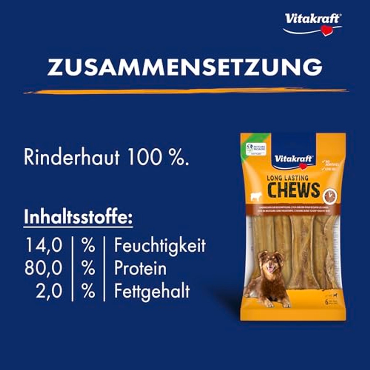 Vitakraft Chews, hondensnack, 14 cm lang, langdurige kauwbotten, voor intensieve bezigheid, van gedroogde en geperste runderhuid, voor grote honden (1 x 6 stuks) – Vitakraft