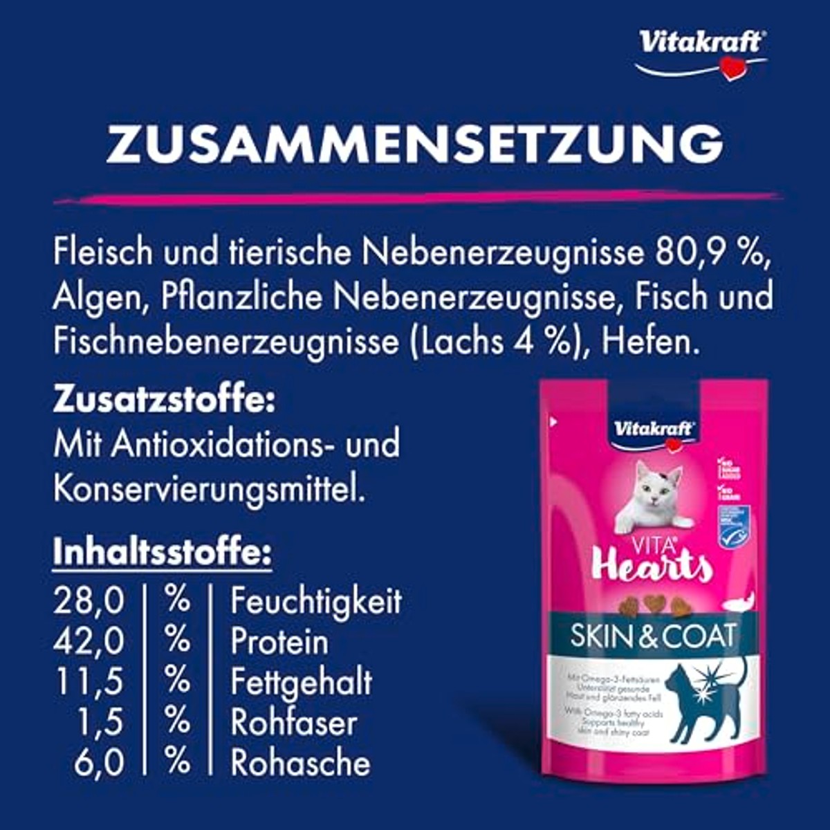 Vitakraft Vita Hearts, Skin and Coat Softer Kattensnack, voor vacht en huid, zalm (1 x 40 g) – Vitakraft