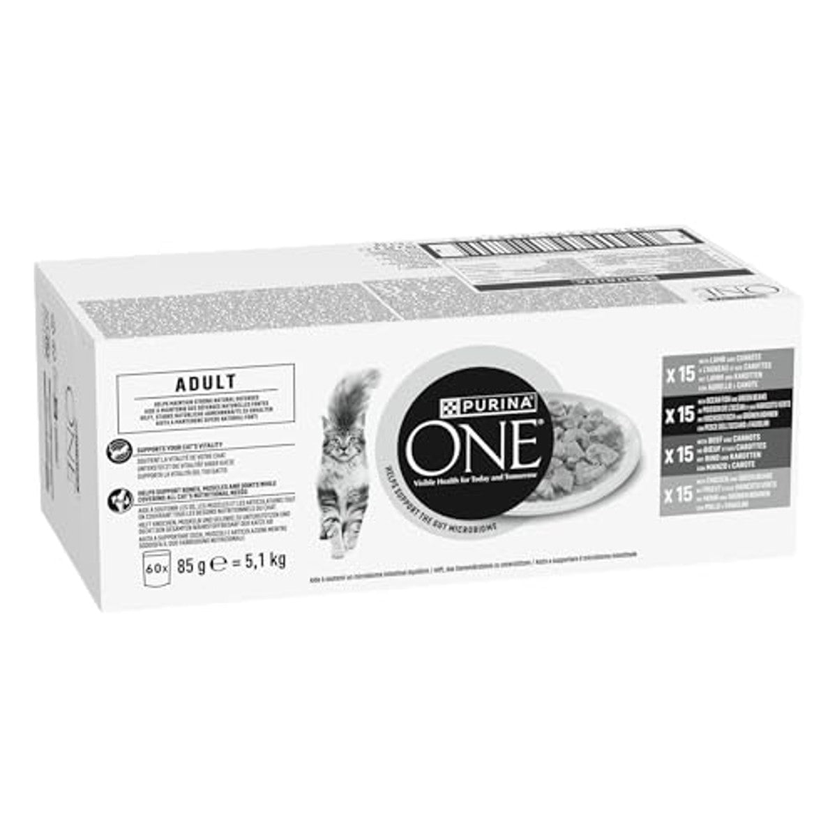 Purina One Adult rassenmix kattenvoer nat met kip, rundvlees, lam en hoogzeevis in saus, voor meer vitaliteit, verpakking van 60 stuks (60 x 85 g) – PURINA ONE
