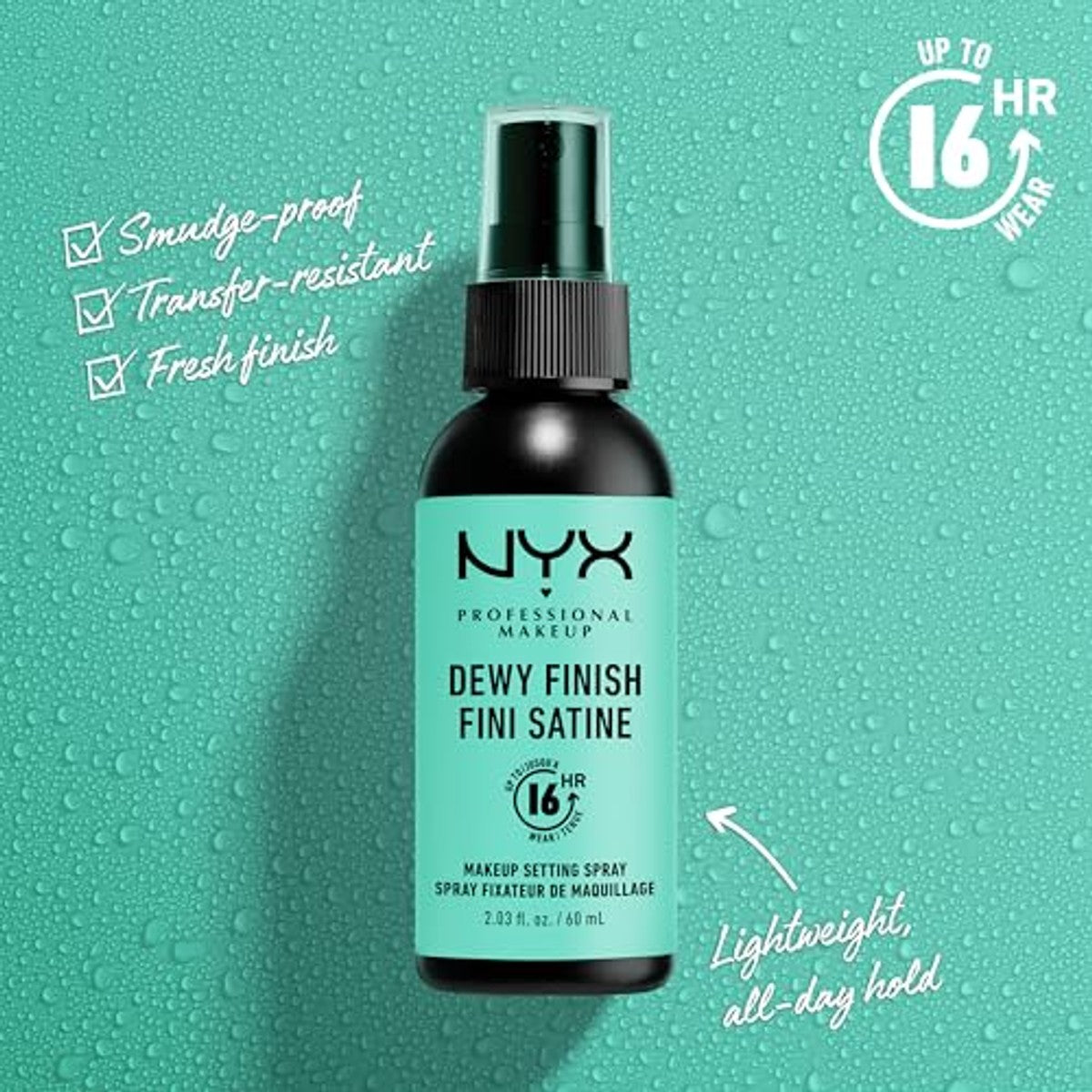 NYX Professional Makeup Setting Spray, langdurige formule, fixerend, licht, veganistische formule, Dewy Finish, 60 ml | Fluweelachtige satijnen afwerking, veganistische formule, doorschijnend, alle huidtypes, voorkomt oxidatie van de – NYX PROFESSIONAL MAKEUP
