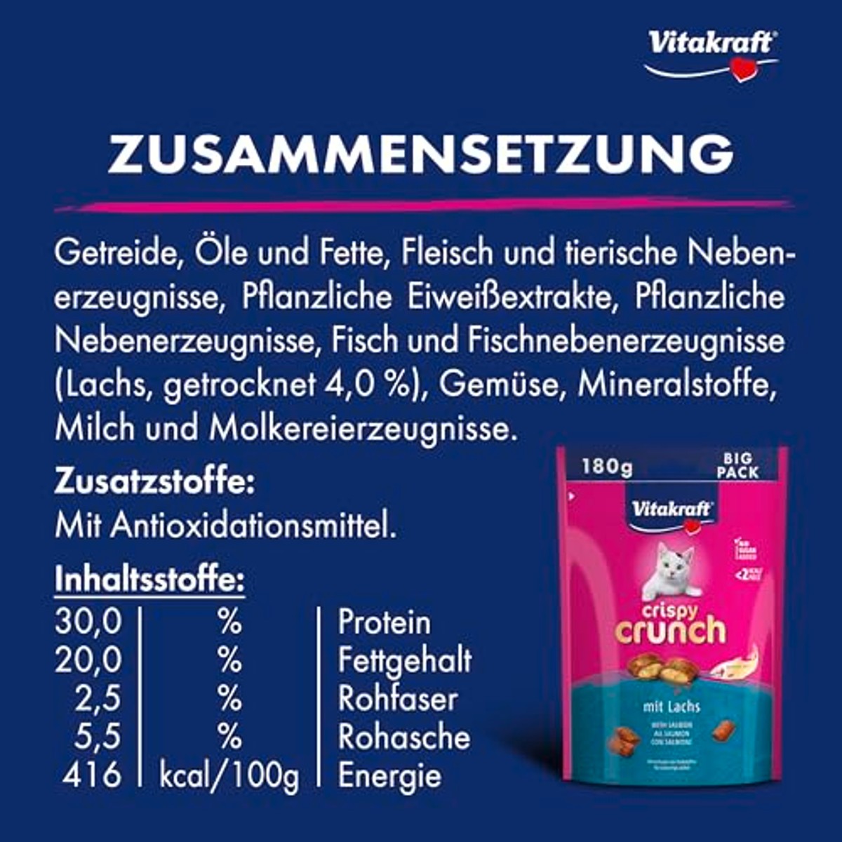 Vitakraft Crispy Crunch, kattenlekkernijen, knapperige kattensnack gevuld met zalm, in hersluitbare Big Pack, zonder toevoeging van suiker (1 x 180 g) – Vitakraft