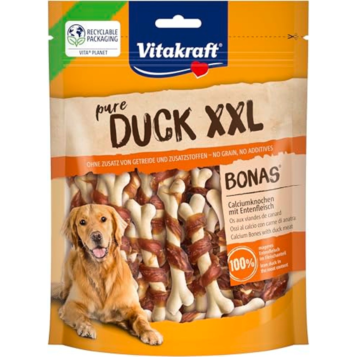 Vitakraft Pure Duck XXL Bonas, hondenlekkernijen, calciumbotten met eendenvlees, hondentraining, zonder toevoeging van suiker (8 x 200 g) – Vitakraft
