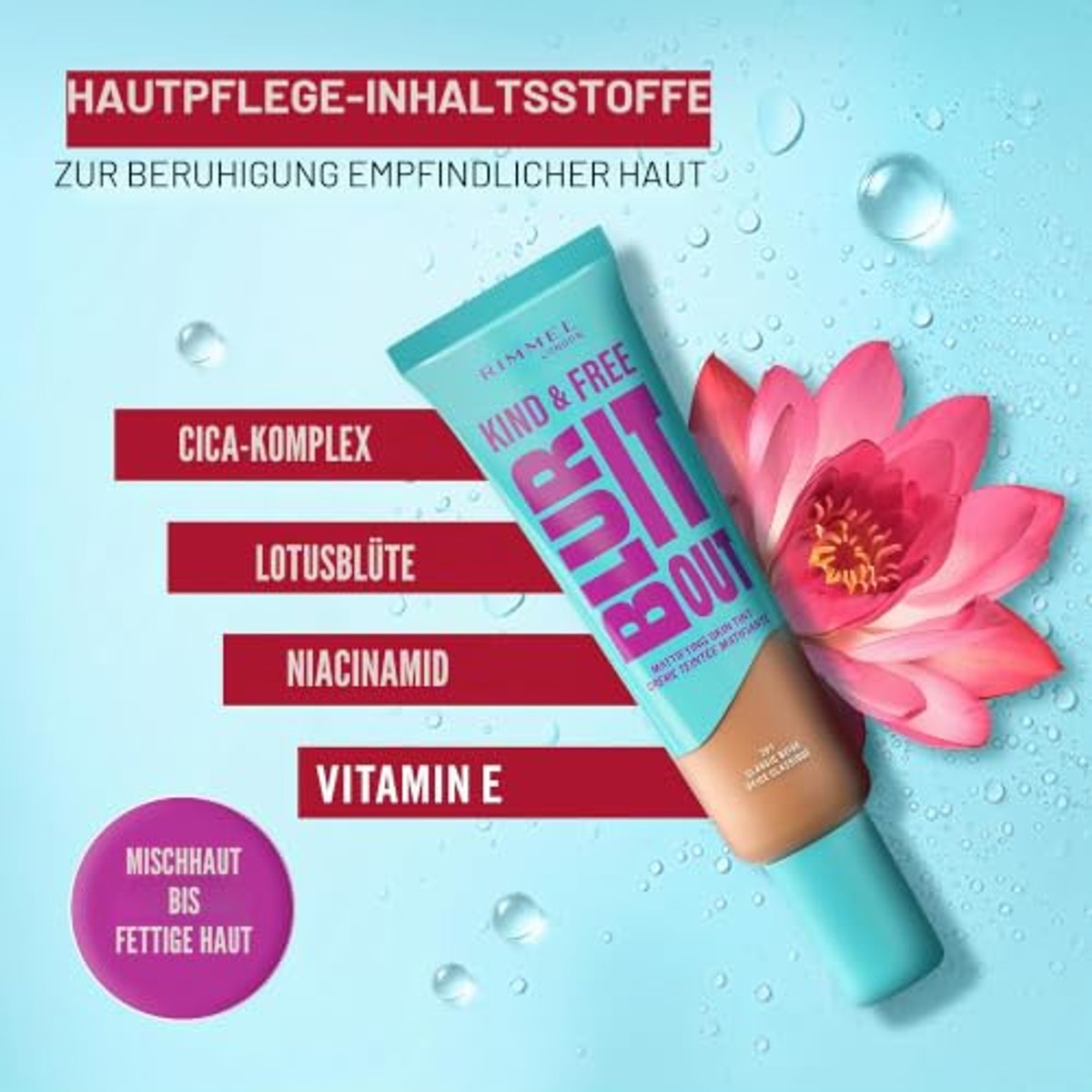 Rimmel London Kind & Free Blue It Out Matte teint, 010 Rose Ivory, glanscontrole, lichte matte afwerking, 30 ml – Rimmel London