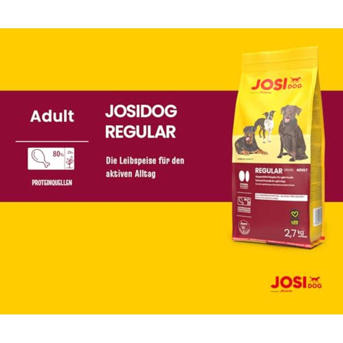 JosiDog Regular | 3 x 2,7 kg | Adult | droog hondenvoer met veel bescherming | JOSERA Premium droogvoer voor volwassen en actieve honden, met veel dierlijke eiwitten, glutenvrij, Duitse kwaliteit – JosiDog