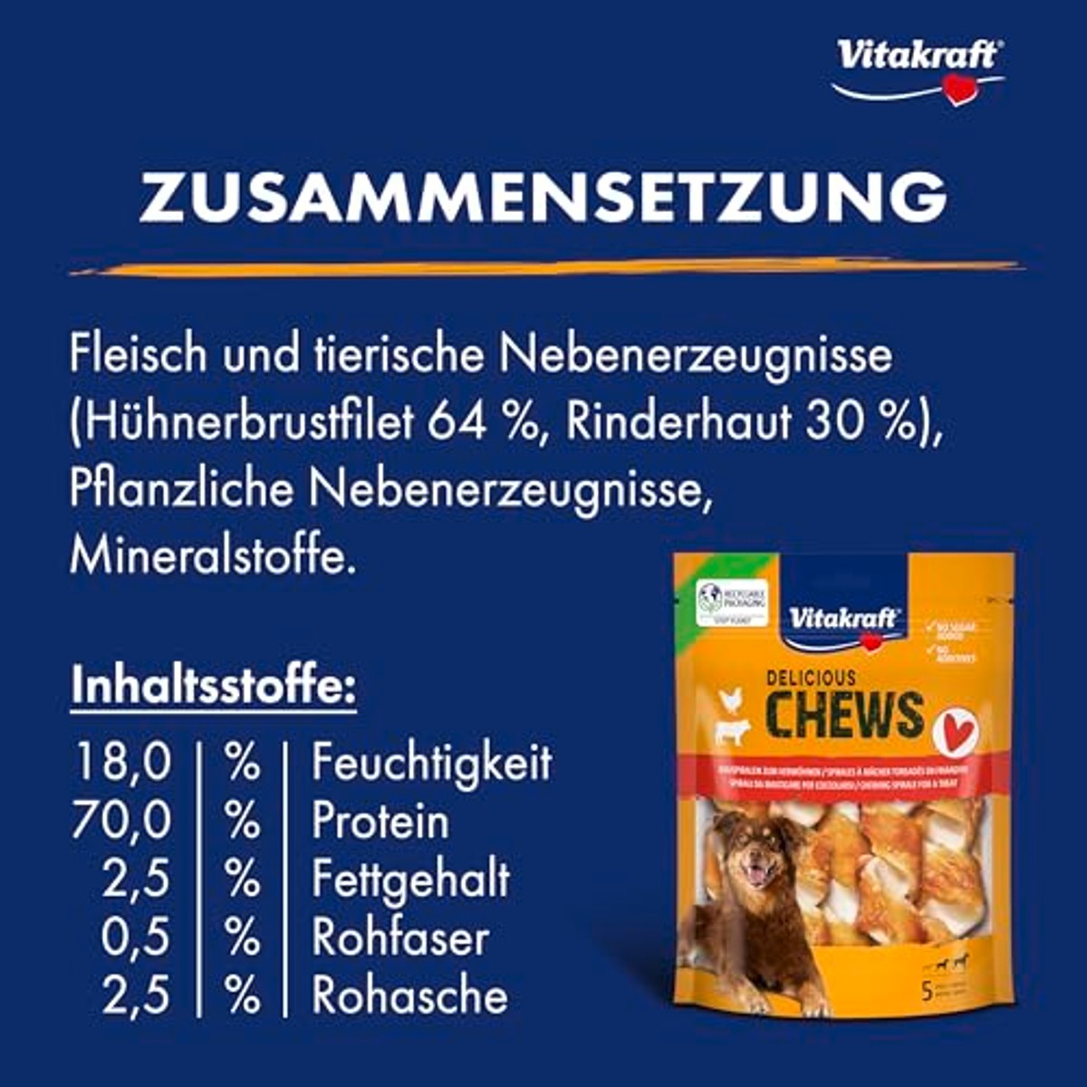 Vitakraft Delicious Chews hondensnack runderhuid & kip 1 x 100 g - 3-pack