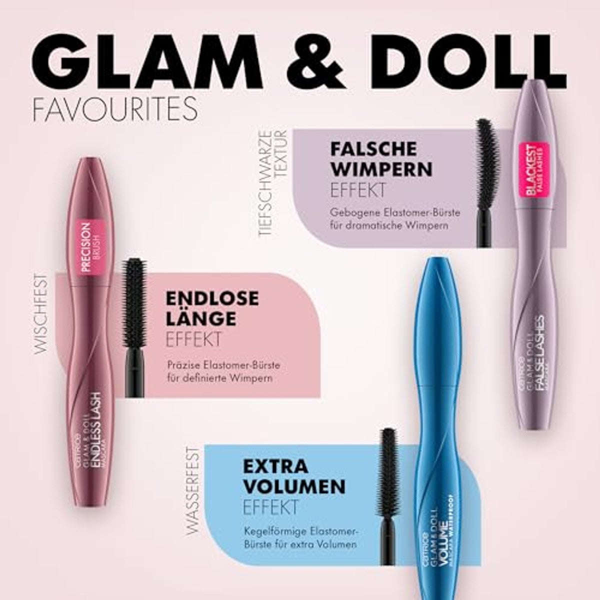 Catrice Glam & Doll Volume Mascara Waterproof, zwart, definieerend | Langdurige grip, volumeffect, verlengingseffect, wimperdefinitie, mascara, volle wimpers – Catrice Cosmetics