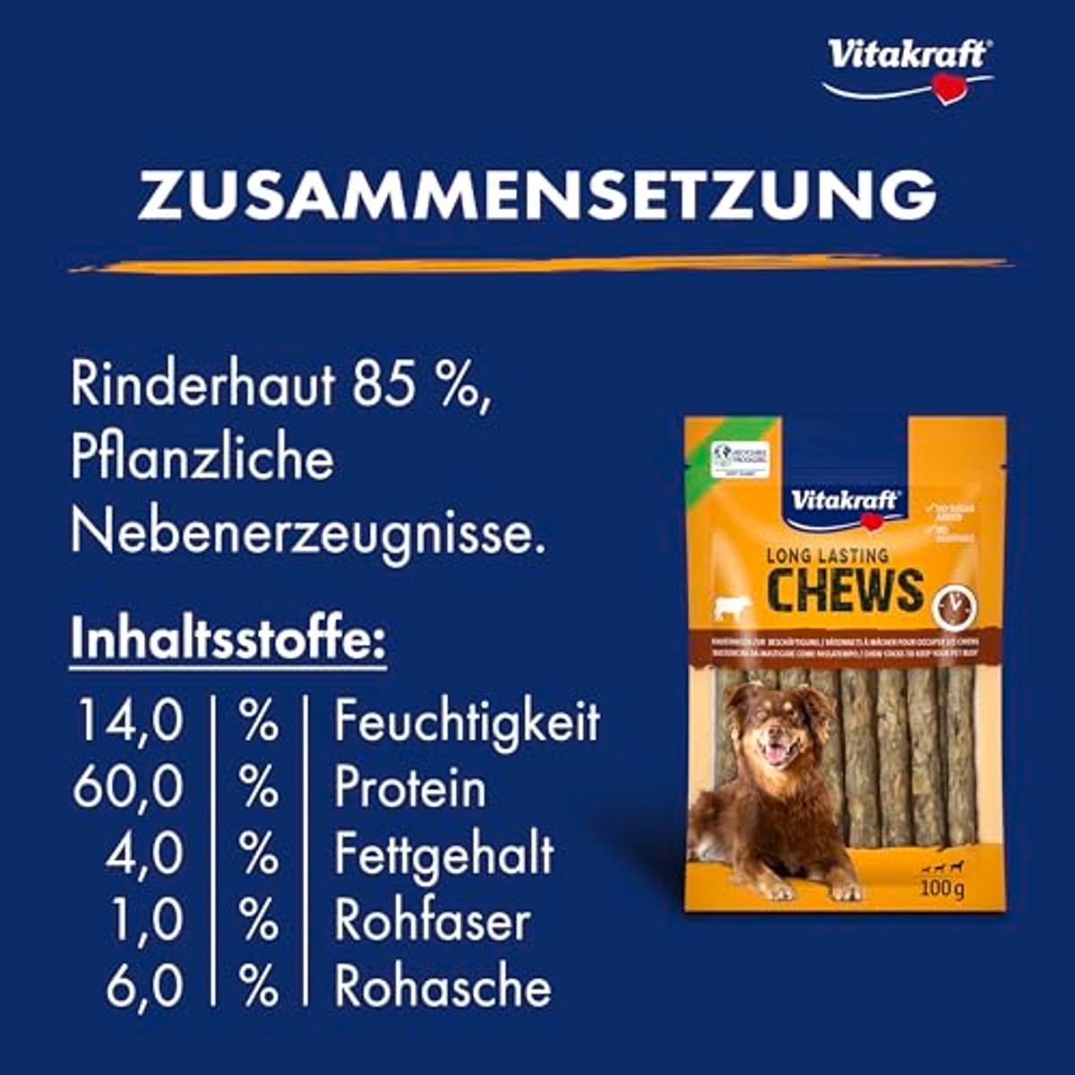 Vitakraft Long Lasting Chews, Munchy Sticks, hondenkauwbotten, kauwknopen van runderhuid, voor intensieve bezigheid (1 x 100 g) – Vitakraft