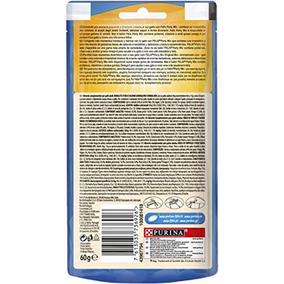 Felix Party Mix Original Mix kattensnack kip lever kalkoen 8 x 60 g – Felix