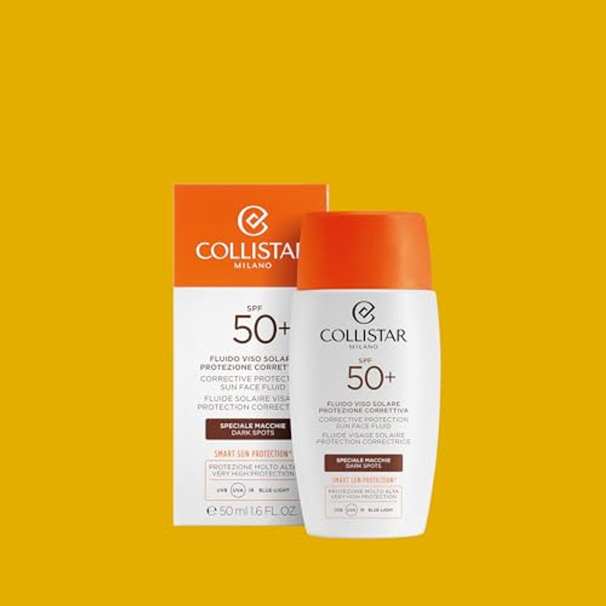Collistar Zonwering Gezichtsvloeistof SPF 50+, Speciaal tegen Vlekken, Hoge Bescherming UVA-UVB-IR, Pro-Vitamine D-Systeem, Behandeld Zonnevlekken, Lichte, Zijdeachtige Textuur, Snel Intrekken, 50 ml - 3-pack