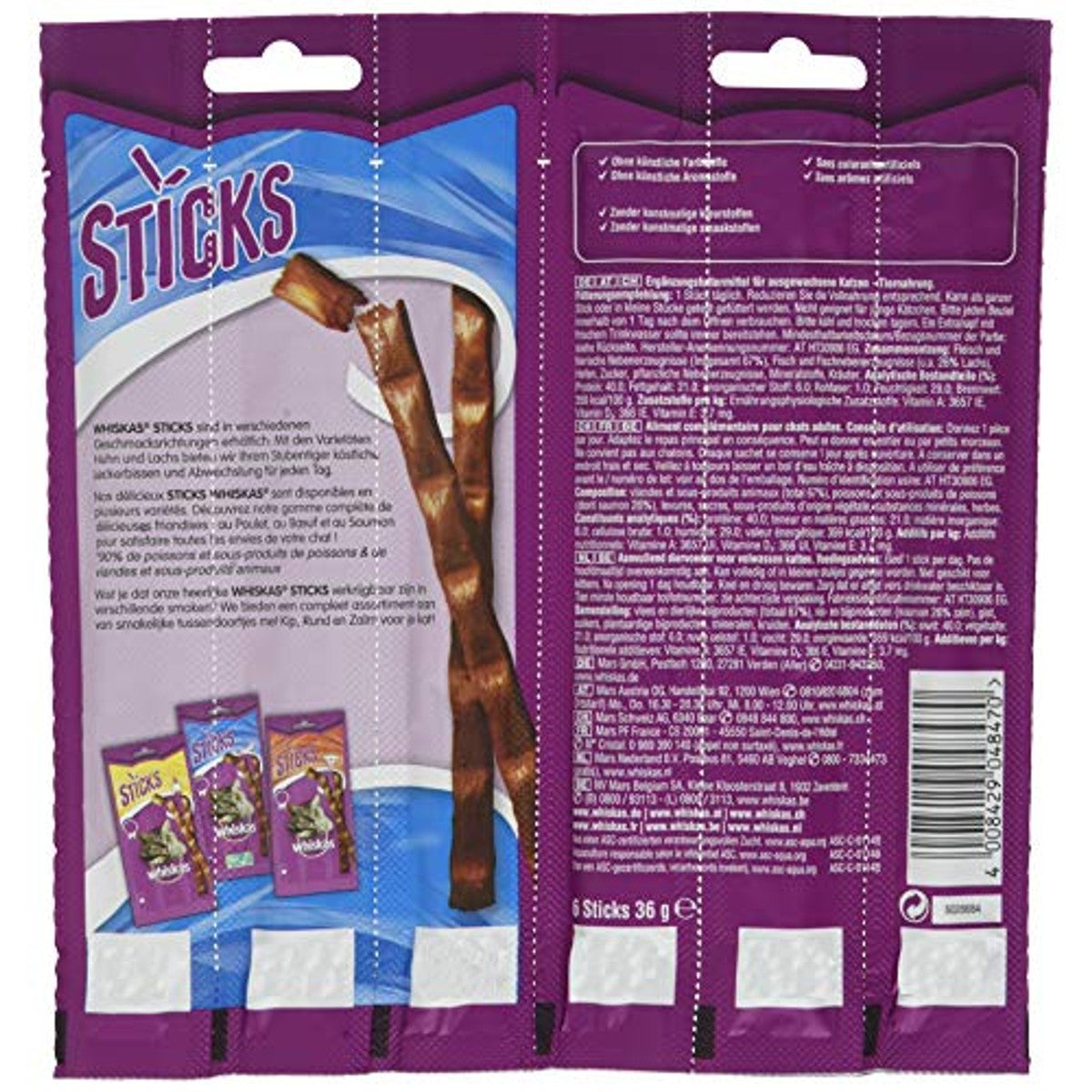 Whiskas Sticks Kattensnack met zalmsmaak, onweerstaanbare smaakervaring, veel vitaminen en mineralen, 14 x 36 g & sticks, kattensnack met kipsmaak, 14 x 36 g – whiskas
