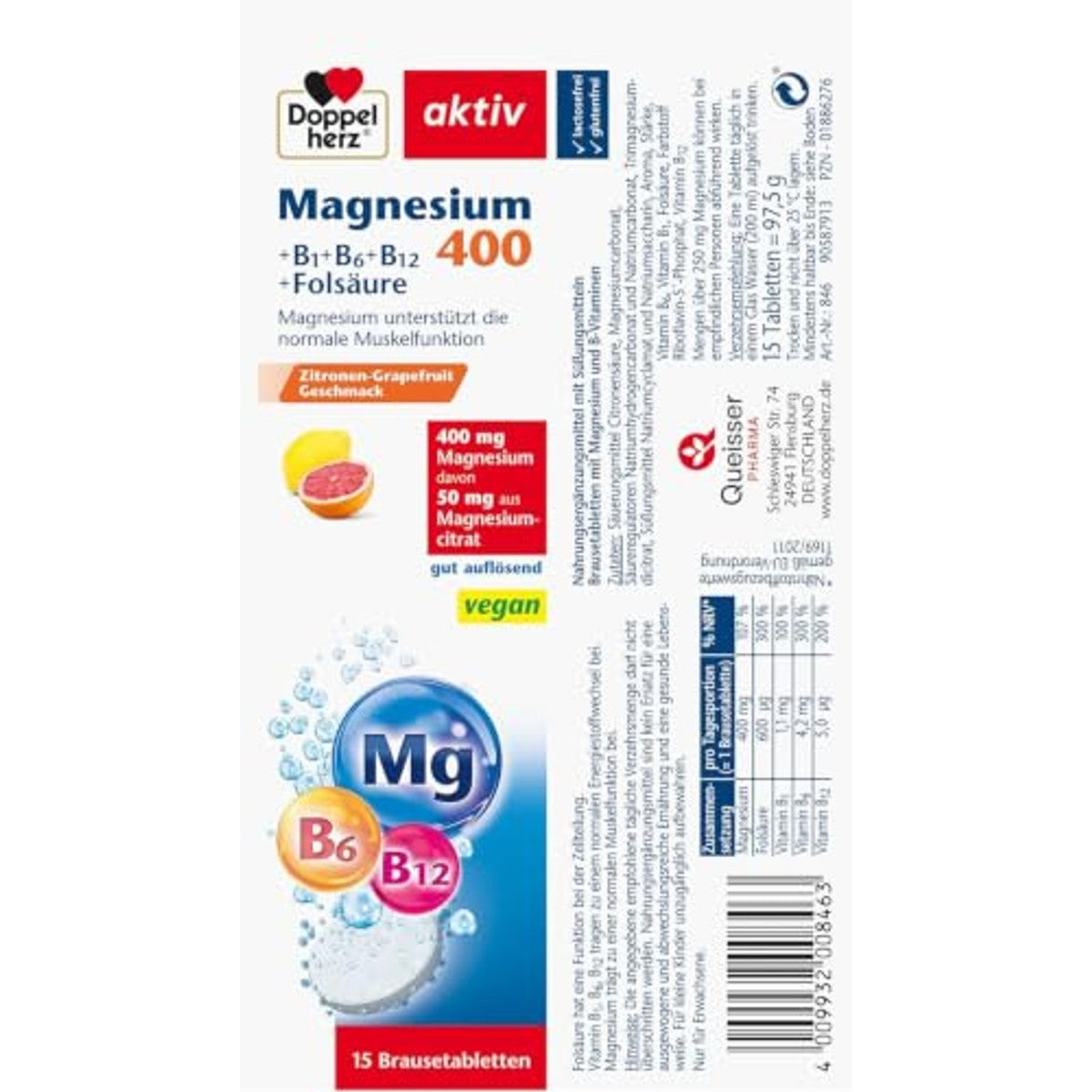 Doppelherz Magnesium 400 + B1 + B6 + B12 + Foliumzuur 15 Bruistabletten - 3-pack