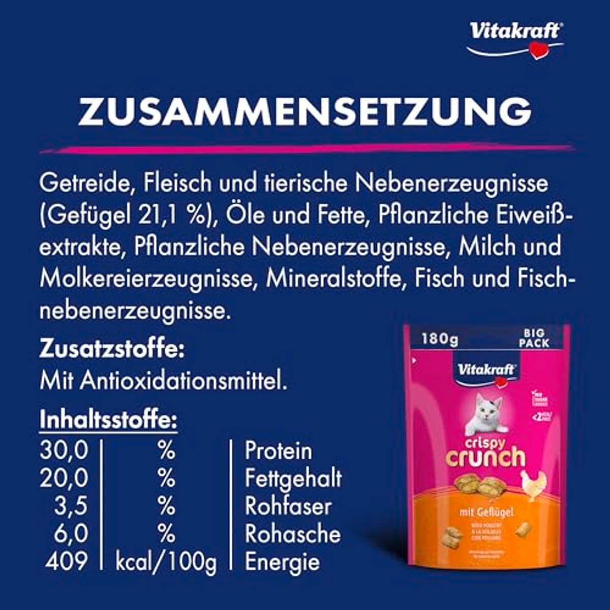 Vitakraft Crispy Crunch, kattenlekkernijen, knapperige kattensnack gevuld met gevogelte, in hersluitbare Big Pack, zonder toevoeging van suiker (1 x 180 g) – Vitakraft