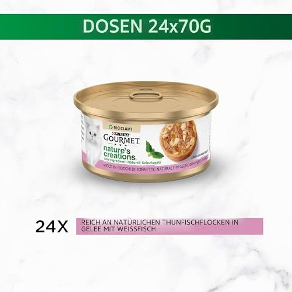 Gourmet Nature's Creations Vochtige kat, rijk aan natuurlijke tonijnvlokken en witte vis in gelei, 24 blikjes à 70 g – Gourmet Indeling: Target