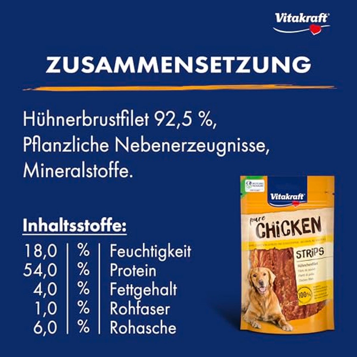 Vitakraft Pure Chicken Strips, hondenlekkernijen, kippenfilet, hondentrainingslekkernijen, zonder toevoeging van suiker en granen (1 x 80 g) – Vitakraft