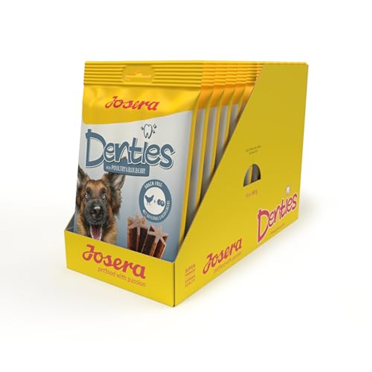 JOSERA Denties Poultry & Blueberry | 13 x 7 stuks | Kauwstangen voor honden | Adult Premium kauwsnack voor volwassen honden voor dagelijkse tandverzorging, gevogelte en bosbessen, suikervrij, graanvrij – Josera