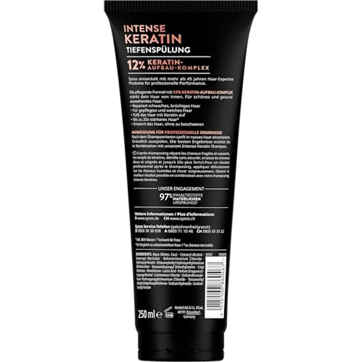 Syoss Intense keratine (250 ml), verzorgende spoeling met 12% keratine-opbouwcomplex, haarconditioner versterkt zwak, breekbaar haar van binnenuit – Syoss
