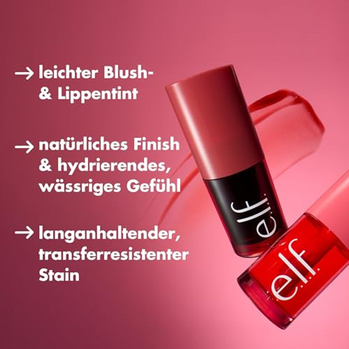 e.l.f. Sheer For It Blush Tint, veelzijdige lippen- en wangeninkt, voor een natuurlijke, langdurige kleurkick, veganistisch en dierproefvrij, links op rood – e.l.f.