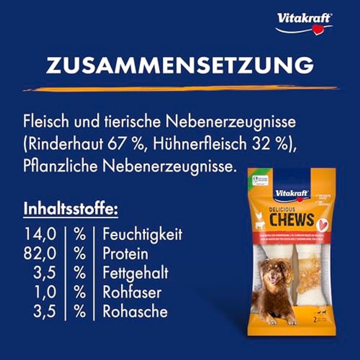 Vitakraft Chews, hondensnack, kauwknopen ter beloning, van gedroogde runderhuid, omwikkeld met mager kippenvlees, vetarm, voor middelgrote honden (1 x 2 stuks) – Vitakraft