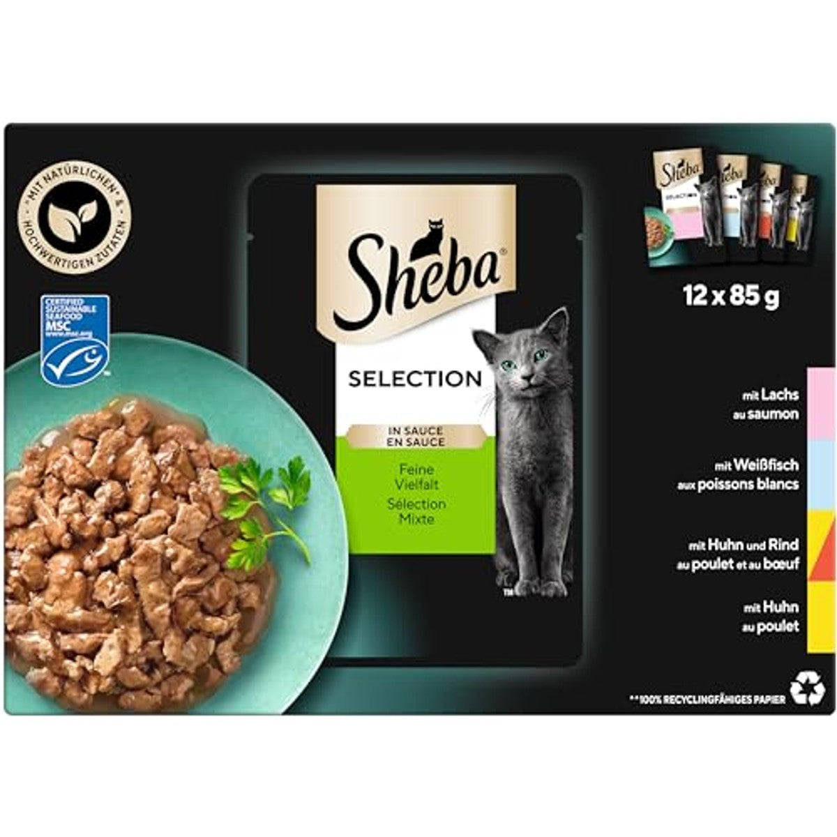 Sheba Selection in Sauce natvoer kattenvoer zalm, witvis, kip & rund 48 x 85 g - 3-pack