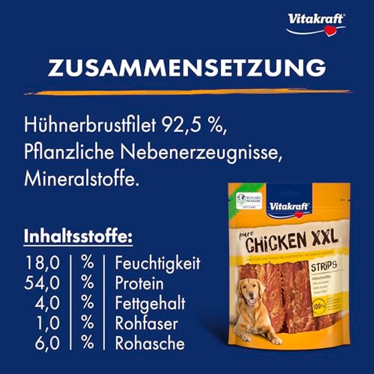 Vitakraft Pure Chicken XXL Strips hondensnack kip 1 x 250 g - 6-pack