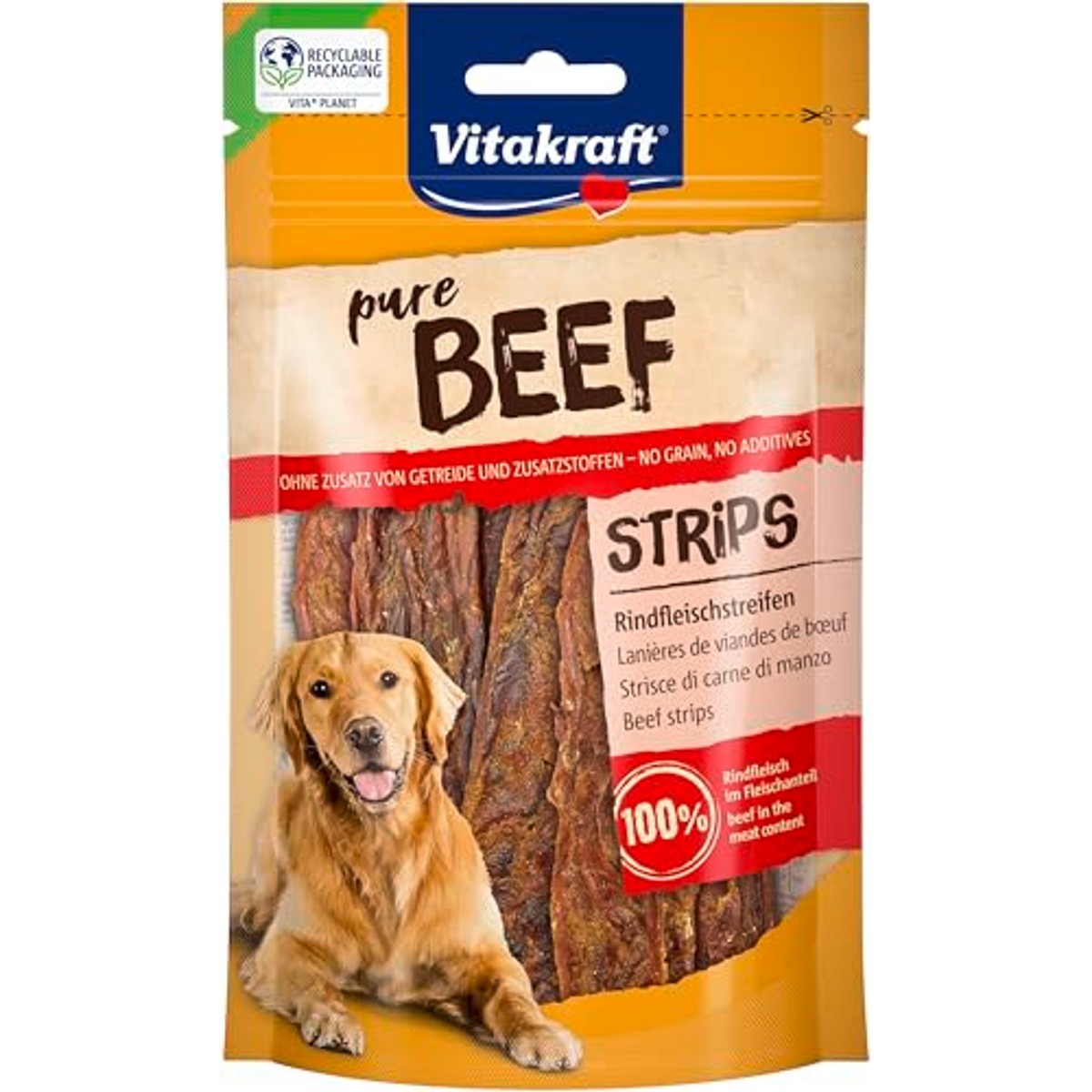 Vitakraft Pure Beef Strips, hondenlekkernijen, rundvleesstrips, hondentrainingslekkernijen, zonder toegevoegde suiker (10 x 80 g) – Vitakraft