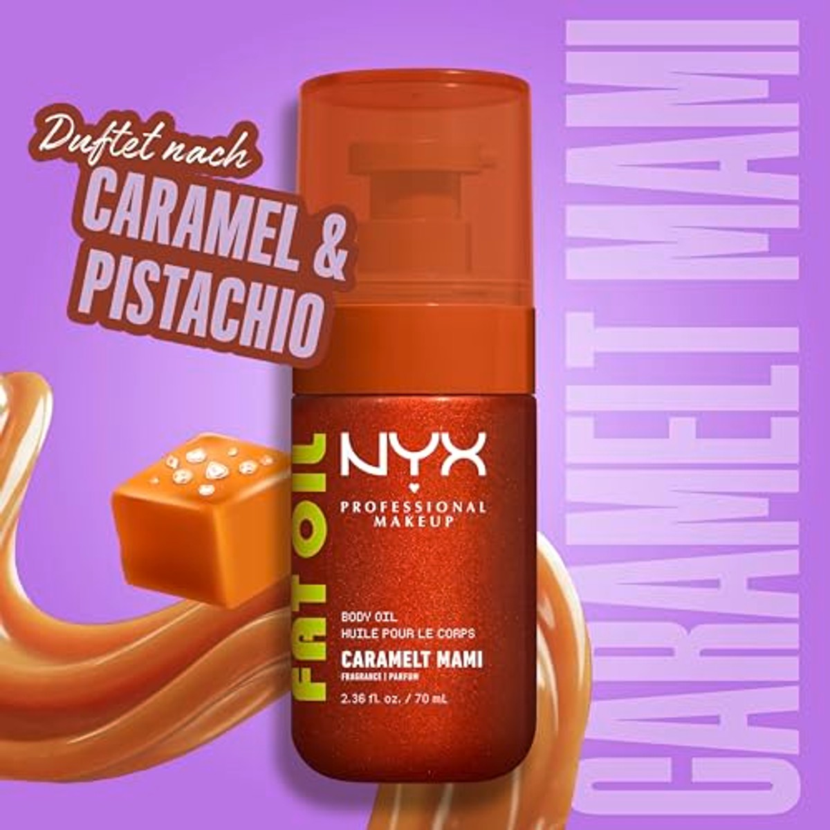 NYX Professional Makeup, Fat Oil Body Oil, vochtinbrengende verzorging met intensieve glans met avocado-olie en vitamine E, lichte, glanzende afwerking, 24 uur vocht, veganistische formule, caramel | Mini-lichaamsolie verzorgt de huid, in – NYX PROFESSIONAL MAKEUP