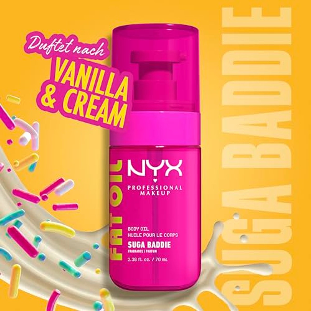 NYX Professional Makeup, Fat Oil Body Oil, vochtinbrengende verzorging met intensieve glans met avocado-olie en vitamine E, lichte, glanzende afwerking, 24 uur vocht, veganistische formule, Suga – NYX PROFESSIONAL MAKEUP