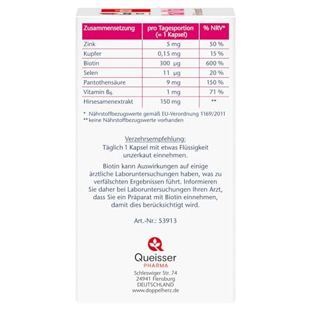 Doppelherz Vital + zink + gierstzaadextract - biotine als bijdrage aan het behoud van normaal haar - koper ondersteunt het behoud van de normale haarkleur - 60 capsules (verpakking van 2) – Doppelherz