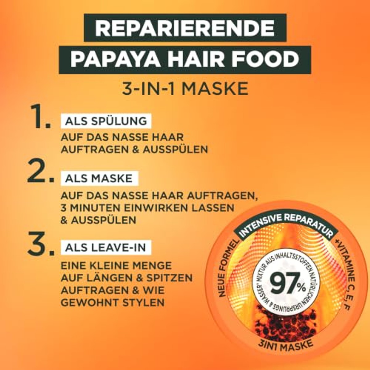 Garnier Fructis Papaya Hair Food 3-in-1 Haarmasker 3 x 400 ml - Voordeelverpakking