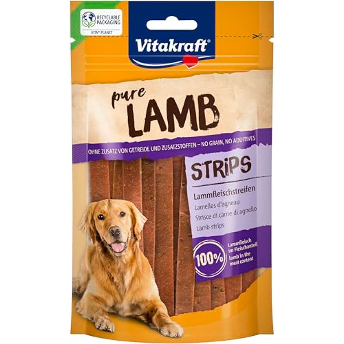 Vitakraft Pure Lamb Strips, hondenlekkernijen, lamsvleestreepjes, hondentrainingstraktaties, zonder toegevoegde suiker (11 x 80 g) – Vitakraft