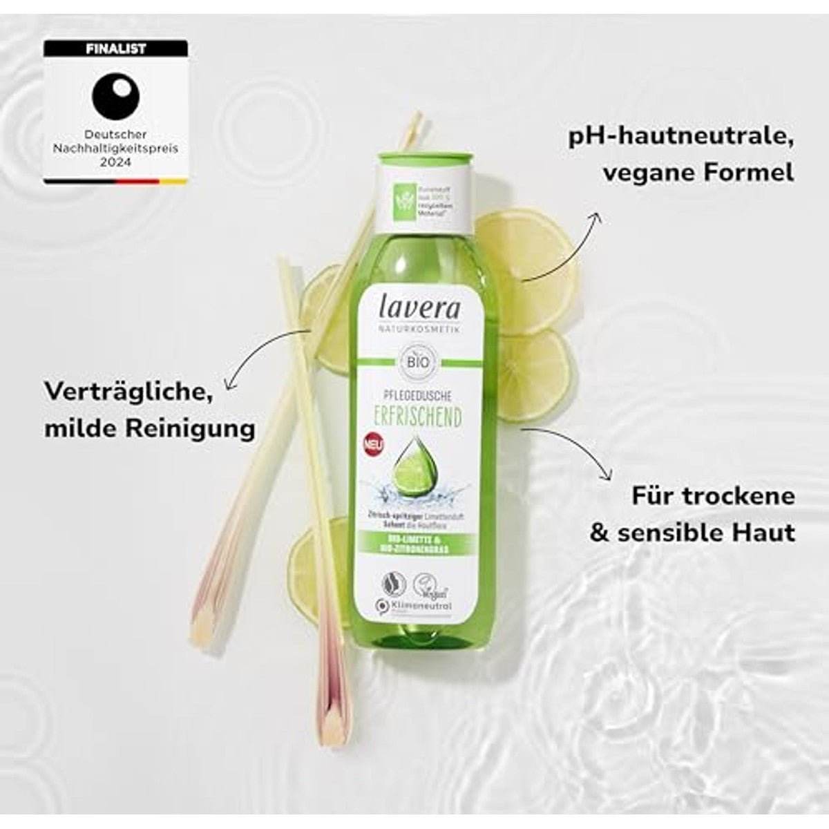 lavera Verfrissende Douchegel Bio Limoen Citroengras 3 x 250 ml - Voordeelverpakking