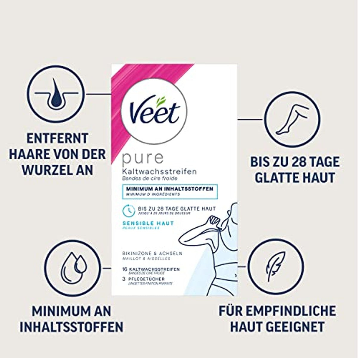 Veet Pure Kaltwachsstreifen Bikini & Achseln für sensible Hautück 6 x 16 st - Voordeelverpakking