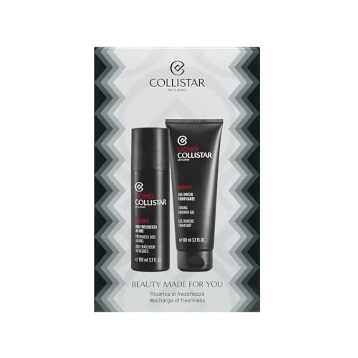 Collistar Geschenkset Heren Deo Freschezza 48H Spray 125 ml + Tonende Douchegel 100 ml, Langdurige Bescherming, Frisheid met Italiaanse Bergamot - 6-pack