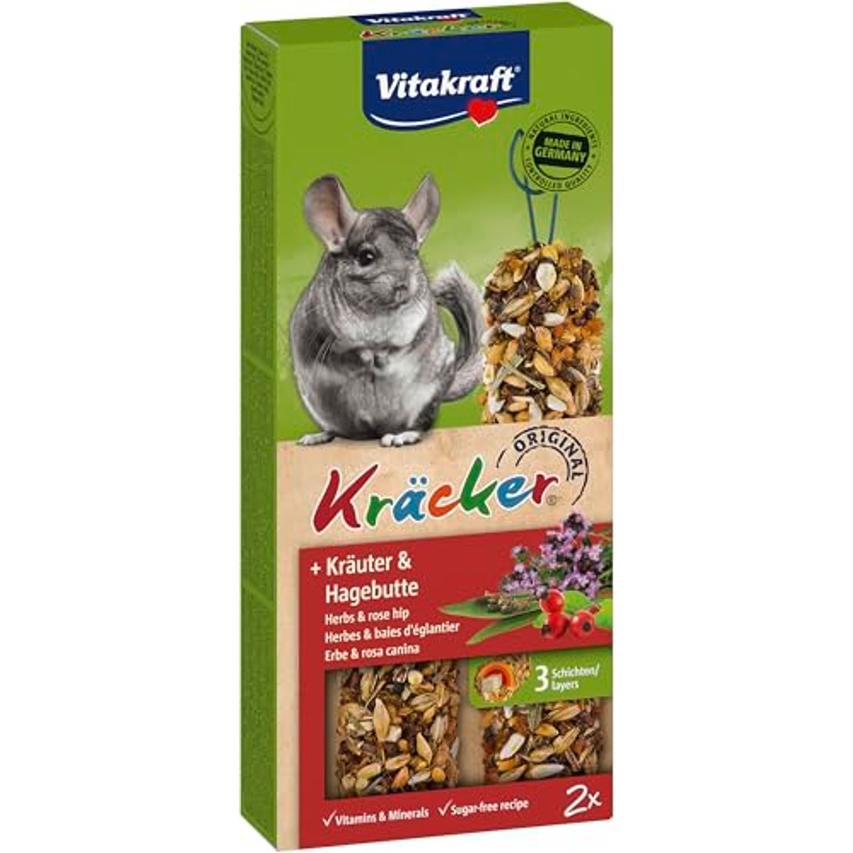 Vitakraft Kruiden, knabbelstokjes, knaagdiersnack, voor chinchilla's, tandverzorging, met kruiden, met rozenbottel, zonder toegevoegde suiker en granen (10 x 112 g) – Vitakraft