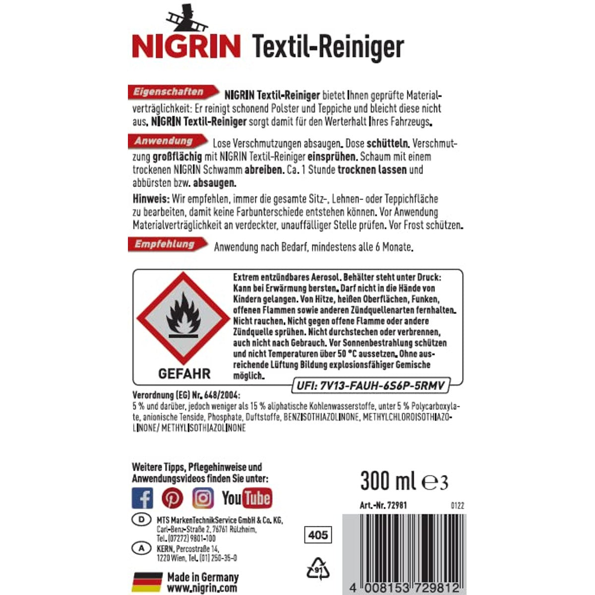 NIGRIN 72981 Textielreiniger 3 x 300 ml - Voordeelverpakking