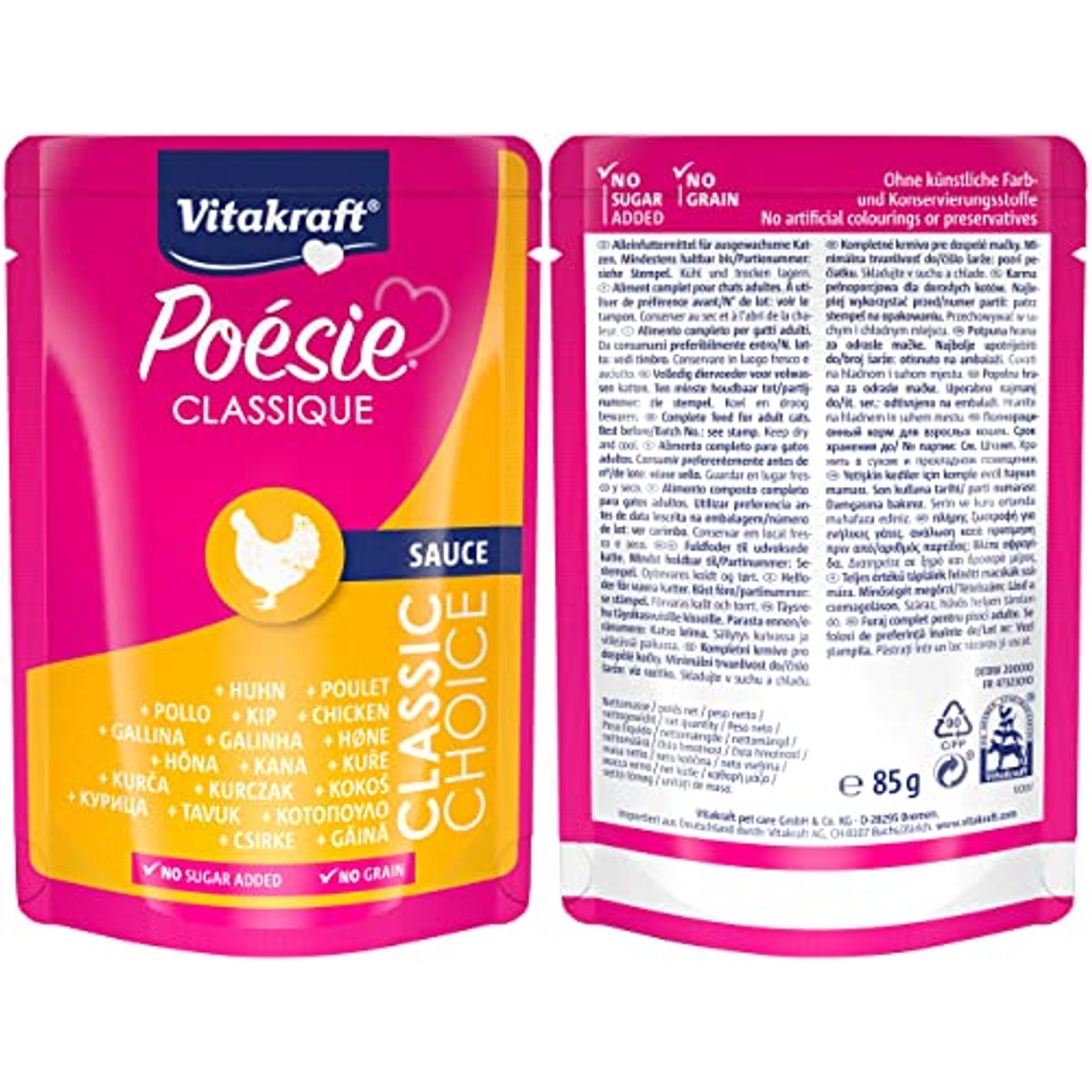 Vitakraft Poésie Classique Natvoer voor katten, multipack met kip, kalkoen en rundvlees, met zalm met MSC-zegel, zonder toegevoegde suiker en granen, voorraadgrootte (1 pakket van 12 x 85 g) – Vitakraft