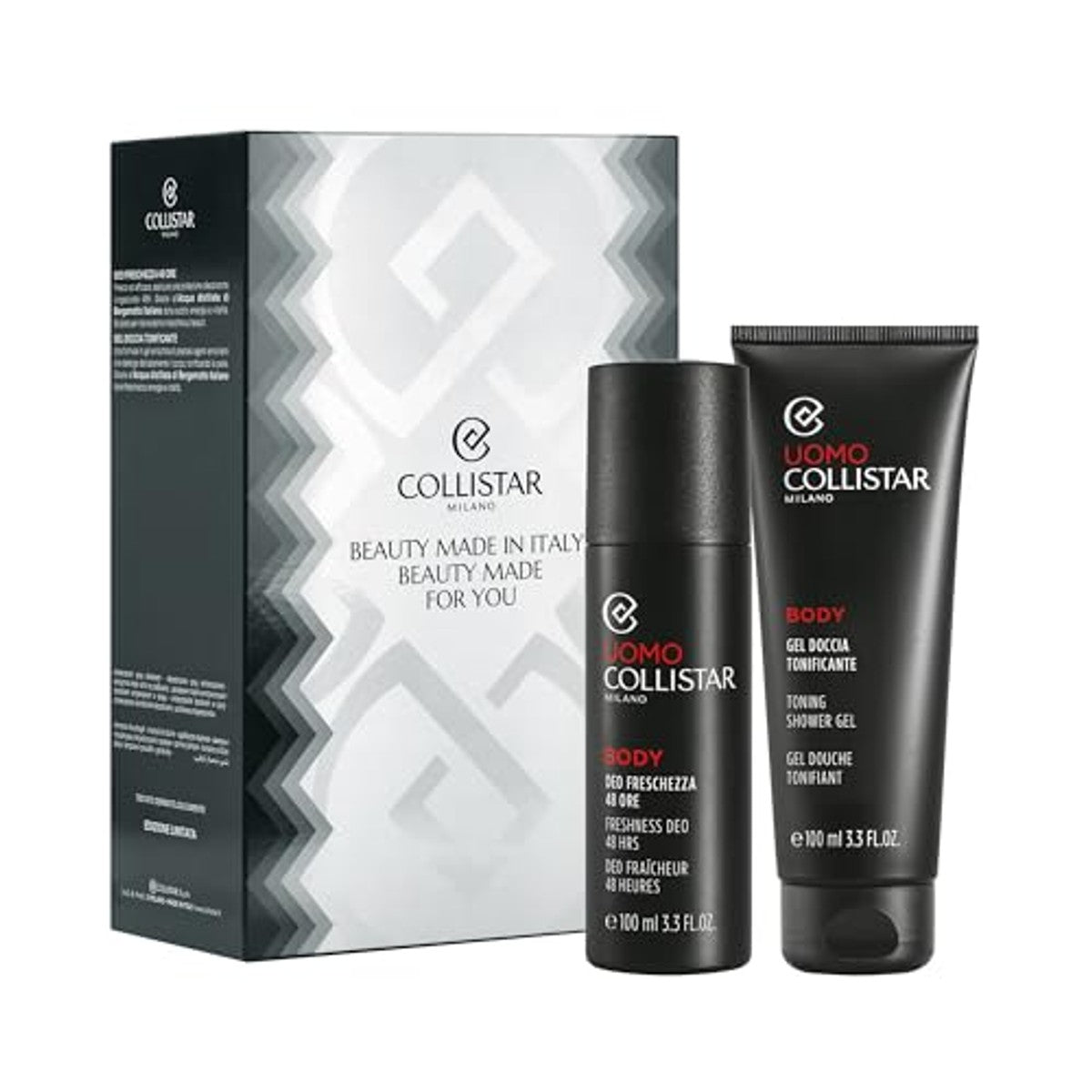 Collistar Geschenkset Heren Deo Freschezza 48H Spray 125 ml + Tonende Douchegel 100 ml, Langdurige Bescherming, Frisheid met Italiaanse Bergamot - 3-pack