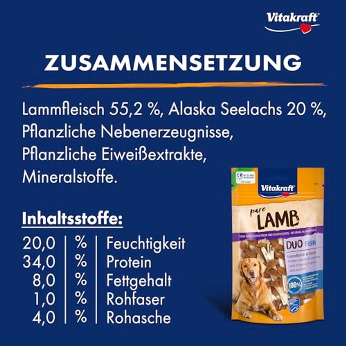 Vitakraft Pure Lamb Duo Fish, hondenlekkernijen, lamsvlees en vis, hondentrainingslekkernijen, zonder toevoeging van suiker (8 x 80 g) – Vitakraft