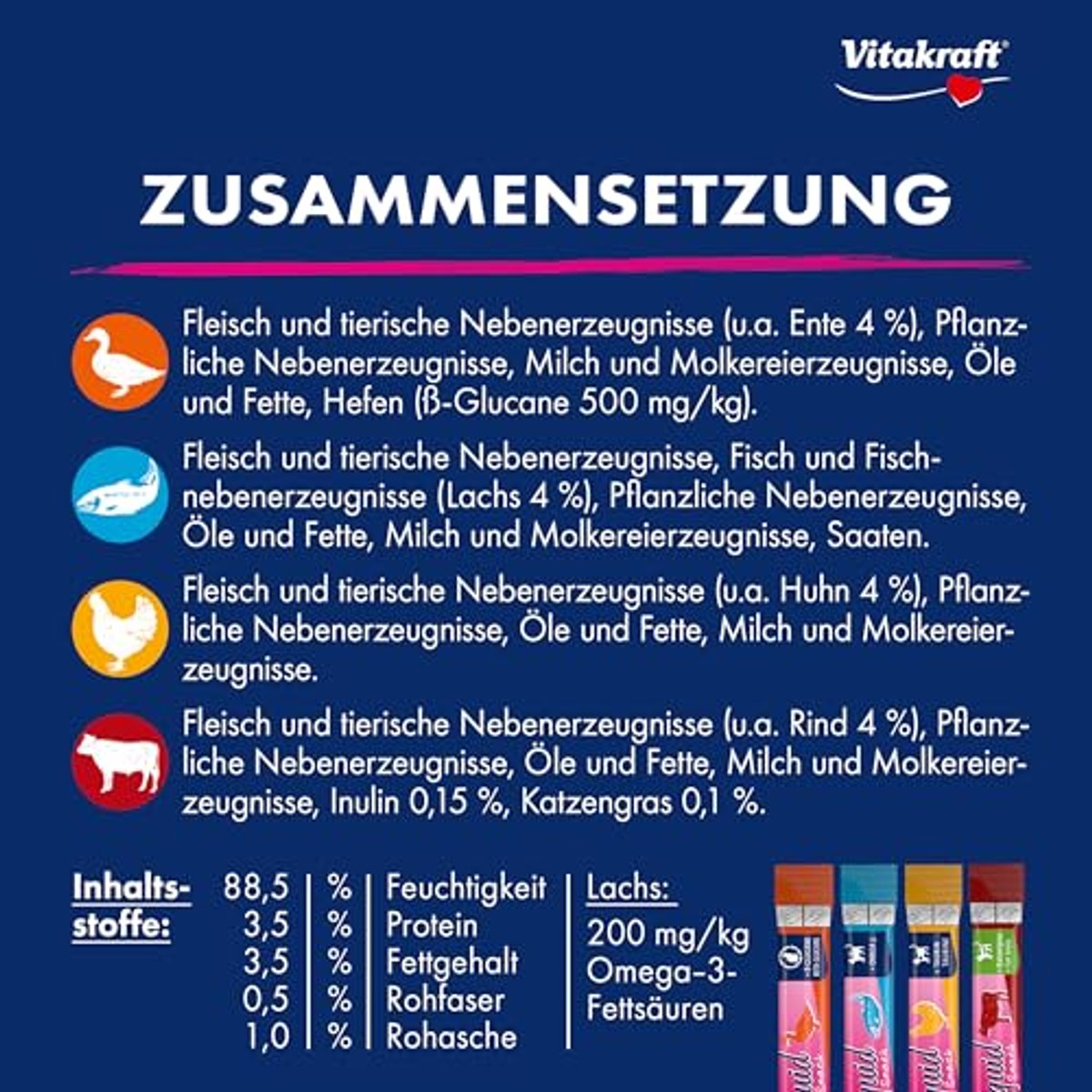 Bundel van Vitakraft vloeibare snacks, vloeibare kattenlekkernijen, met kip en taurine, met eend en bètaglucane, met zalm en omega 3 vetzuren, met rund- en kattengras – Vitakraft