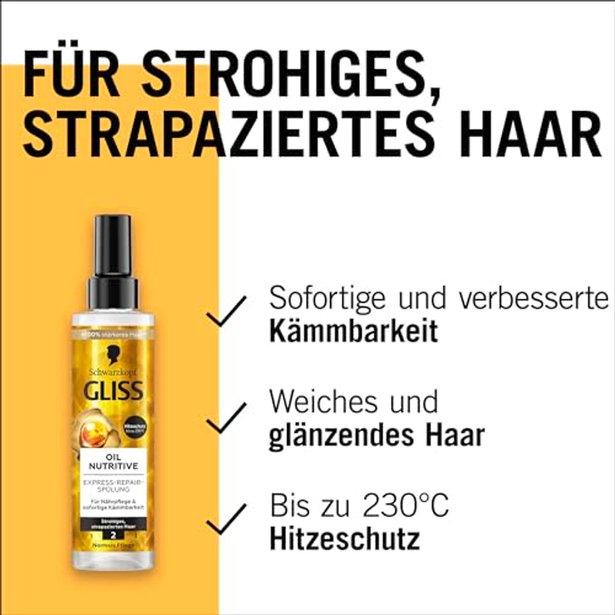 Gliss Express-Repair Oil Nutritive Conditioner, 200 ml, haarconditioner voedt stro, beschadigd haar, verzorgende spoeling met hittebescherming tot 230 °C – Gliss