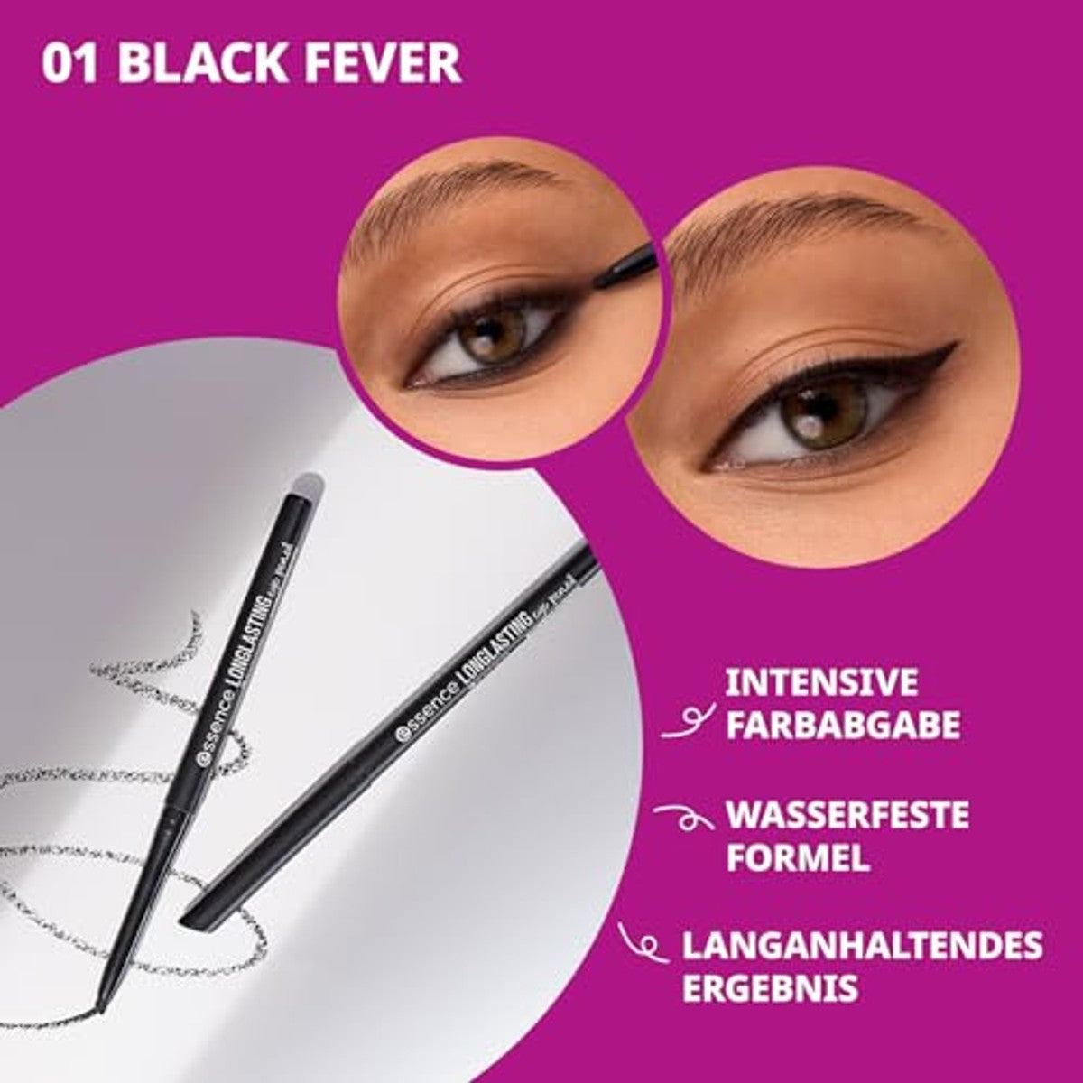 essence Long-Lasting oogpotlood Black Fever 01 0,28 g - 3-pack