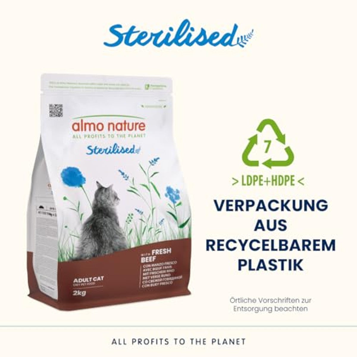 Almo Nature Sterilised Droogvoer voor gesteriliseerde katten met vers rundvlees, met laag magnesiumgehalte en vezels voor gewichtsbeheersing, zak van 2 kg – almo nature