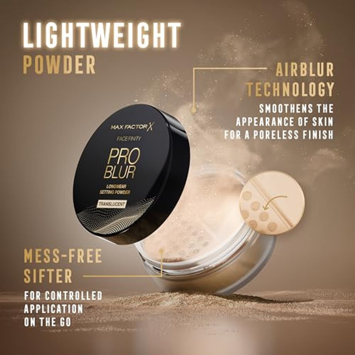 Max Factor Facefinity Pro Blur Fixierpuder, transparent | Lose Gesichtspuder, Mehrzweck-leichte Formel, Airblur-Technologie, Finish ohne sichtbare Poren, langlebig. – Max Factor