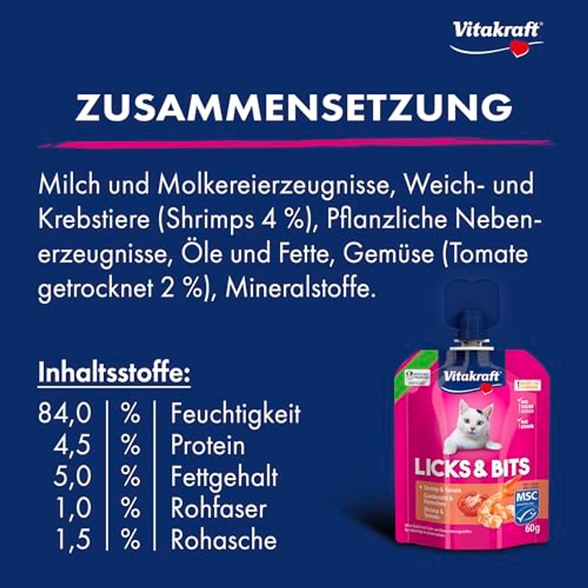 Vitakraft Licks & Bits, zachte crème met stukjes in knijpvorm, met garrimp en tomaat, hersluitbaar, zonder toegevoegde suiker (1 x 60 g) – Vitakraft
