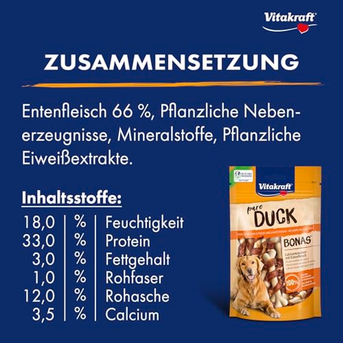 Vitakraft Pure Duck Bonas, hondensnacks, calciumbotten met eendenvlees, hondentrainingslekkernijen, zonder toegevoegde suiker (8 x 80 g) – Vitakraft