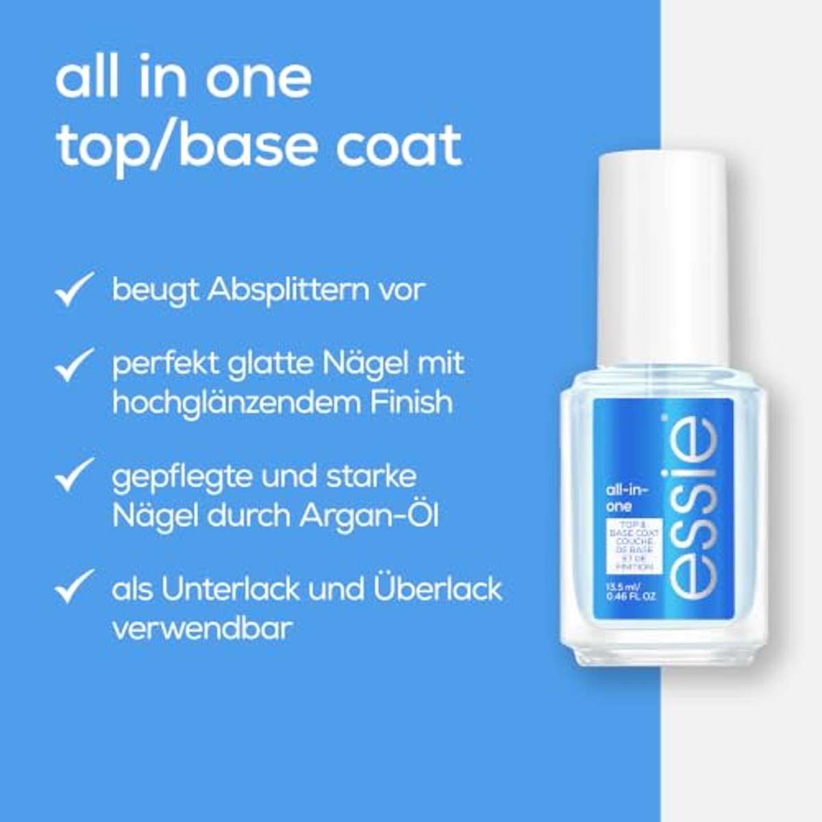 Essie Base/Top Coat all-in-one met arganolie, basislak en toplak, sterkte en glans, helder, 13,5 ml – essie