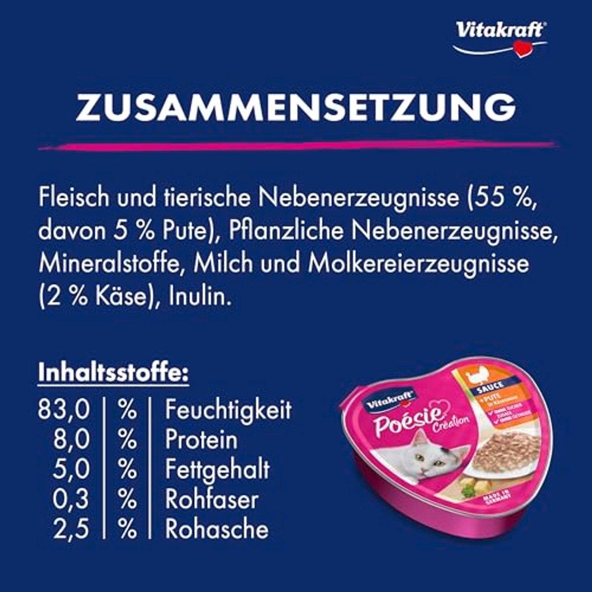 Vitakraft Poésie Création, natvoer voor katten, nat kattenvoer in saus, met kalkoen in kaassaus, voorraadverpakking, zonder toegevoegde suiker en granen (15 x 85 g) – Vitakraft